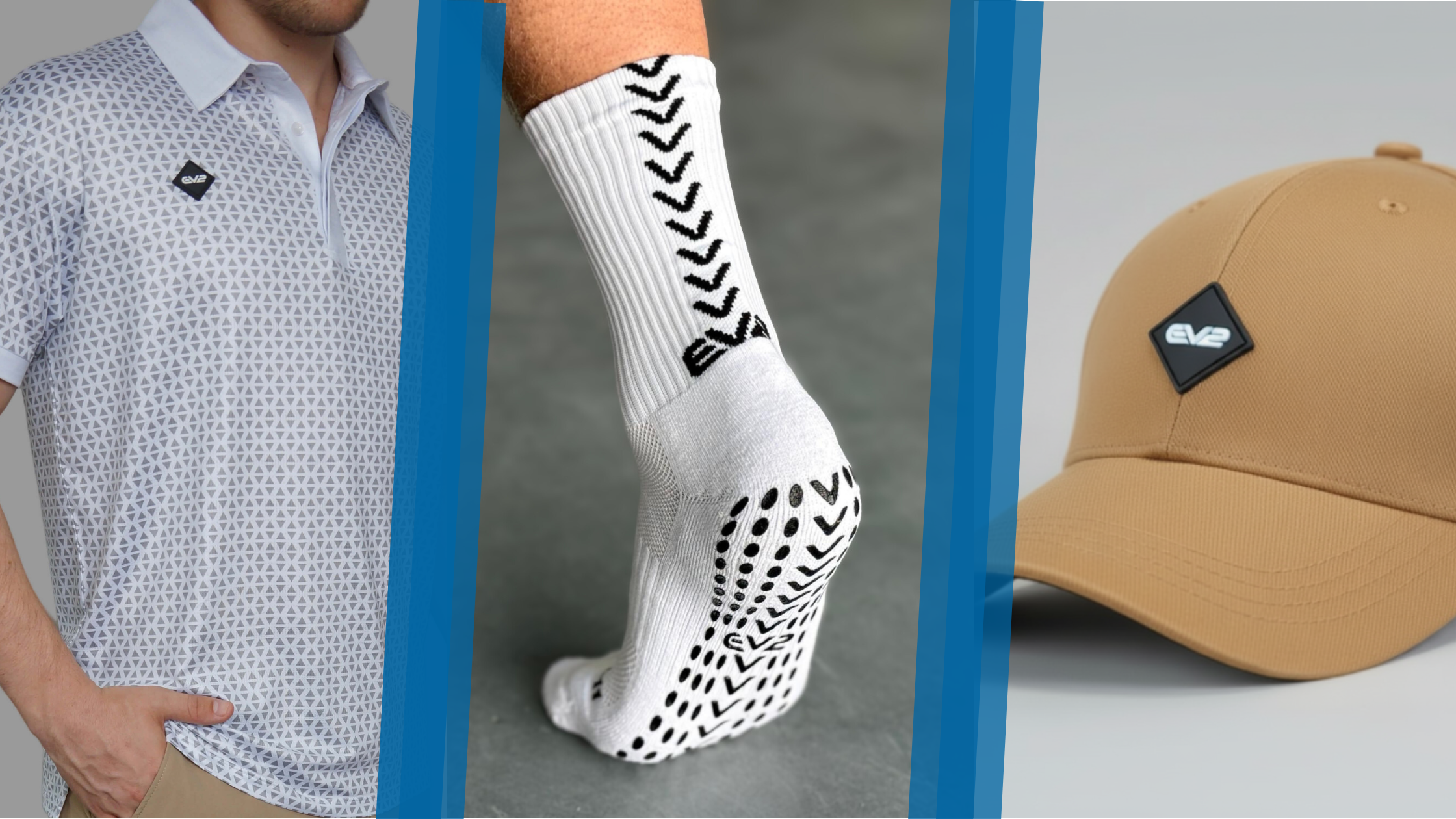 EV2 Sportswear's Retail Range offers golf polos, golf shorts, grip socks and baseball caps.