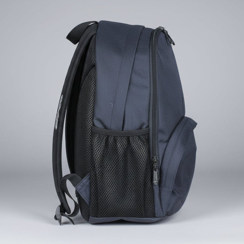 Black backpack with a EV2 Sportswear brand logo on a grey background, side water bottle pocket pictured. 