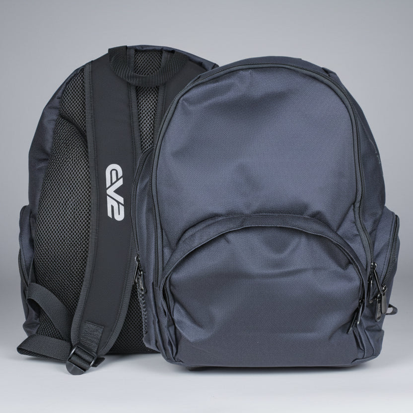Gray backpack with a visible EV2 Sportswear brand logo on a light grey background