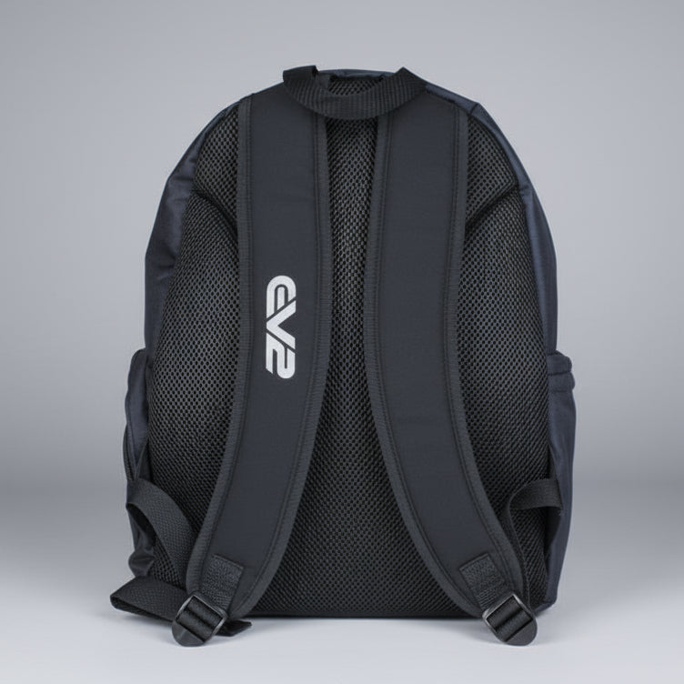 Black backpack with a EV2 Sportswear brand logo on a gray background