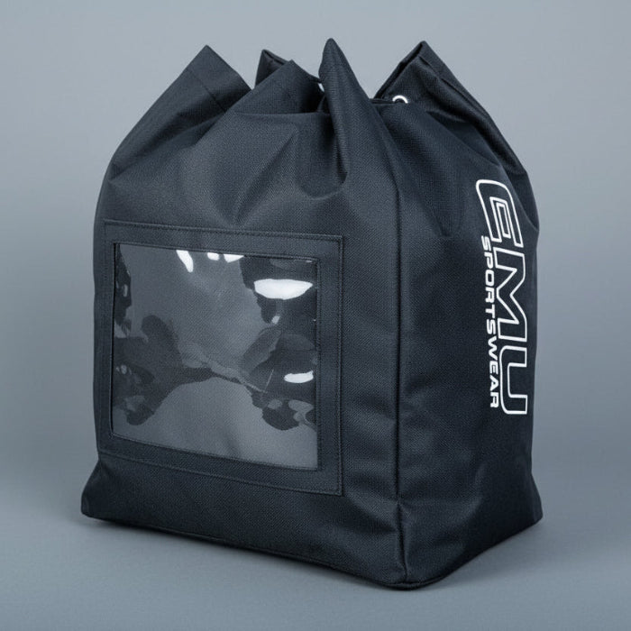 Black bag with a clear window and 'EMU' branding on a gray background