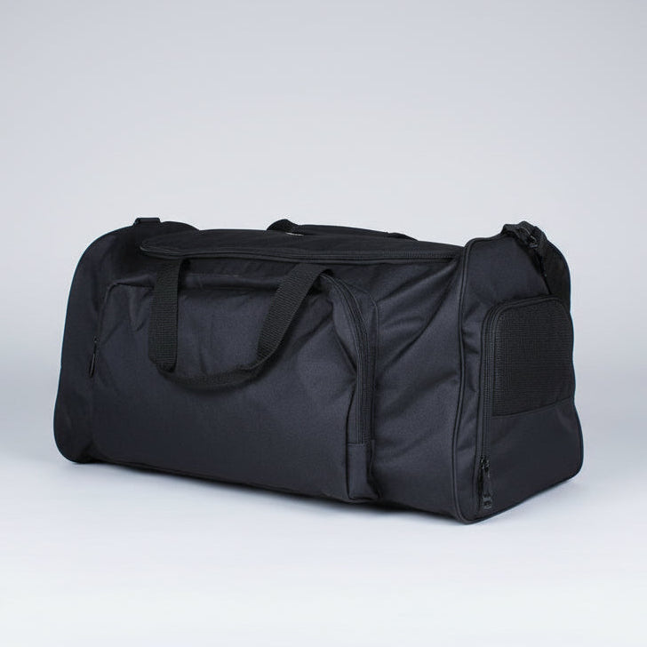 Black duffel bag on a light gray background