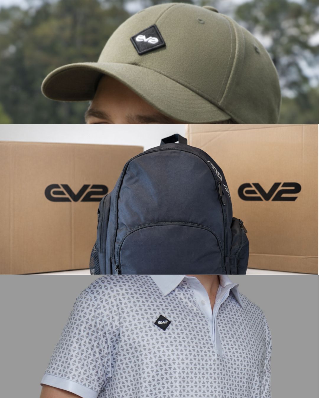 EV2 Sportswear's Retail Range offers golf polos, golf shorts, grip socks and baseball caps.